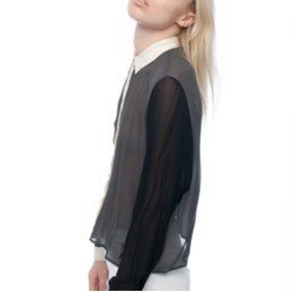 ADDISON sheer black-grey blouse with shirt collar, size small - Picture 4 of 4